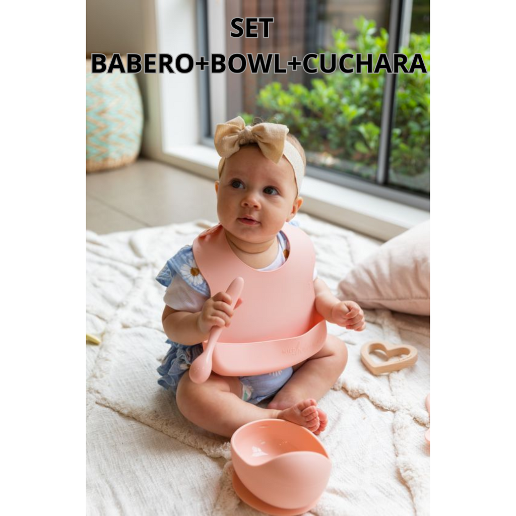 👶🏻Kit Babero+Plato+Bowl+Cuchara de silicona para bebés💛