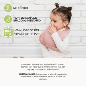 👶🏻Kit Babero+Plato+Bowl+Cuchara de silicona para bebés💛